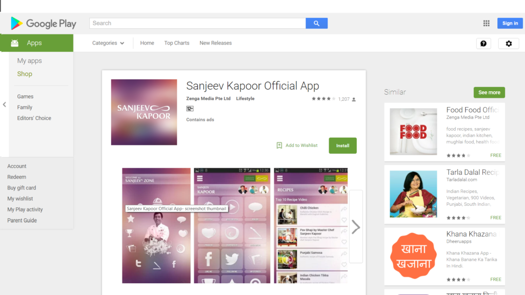 Sanjeev Kapoor App on Google Playstore