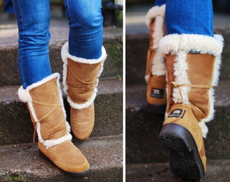 A woman wearing Sheep skin boots