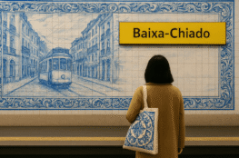 A woman at Lisbon’s Baixa-Chiado metro station stands before an azulejo-tiled mural of a vintage tram. She carries a canvas tote with a matching tile pattern, reflecting Lisbon’s quiet metro fashion.