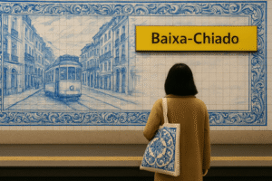 A woman stands at Lisbon’s Baixa-Chiado metro station, facing a large azulejo-tiled mural depicting a vintage tram scene. She carries a canvas tote with a matching tile pattern, echoing the station’s quiet elegance.”