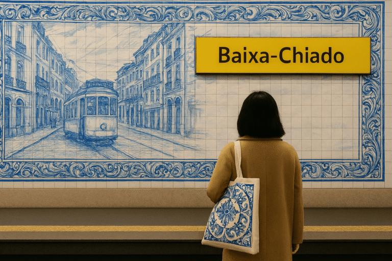A woman at Lisbon’s Baixa-Chiado metro station stands before an azulejo-tiled mural of a vintage tram. She carries a canvas tote with a matching tile pattern, reflecting Lisbon’s quiet metro fashion.