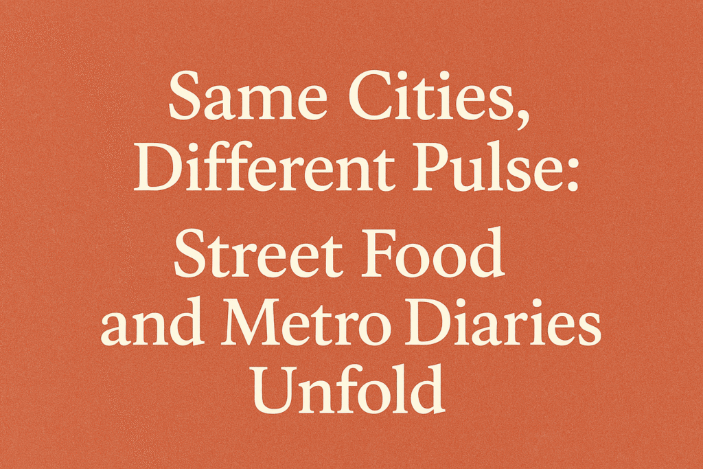 A split-screen illustration of Mumbai, Tokyo, and Lisbon showing metro scenes paired with street food moments — Mumbai’s metro platform and vada pav vendor, Tokyo’s sleek metro interior and takoyaki stall, Lisbon’s tiled metro walls and bifana sandwich stand. The image evokes warmth, movement, and flavor across three cities. This alt text is optimized for: - ✅ Descriptive clarity - ✅ Emotional resonance - ✅ SEO relevance (includes “street food,” “metro,” and city names) Want help placing it in your blog’s featured image block or shaping the caption to match your poetic tone? We can make it echo the rhythm of your bridge post.
