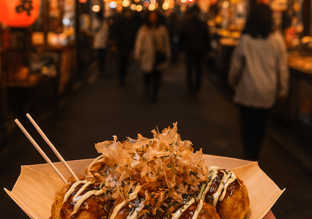Tokyo street food scene with takoyaki, skewers, and neon-lit stalls”
