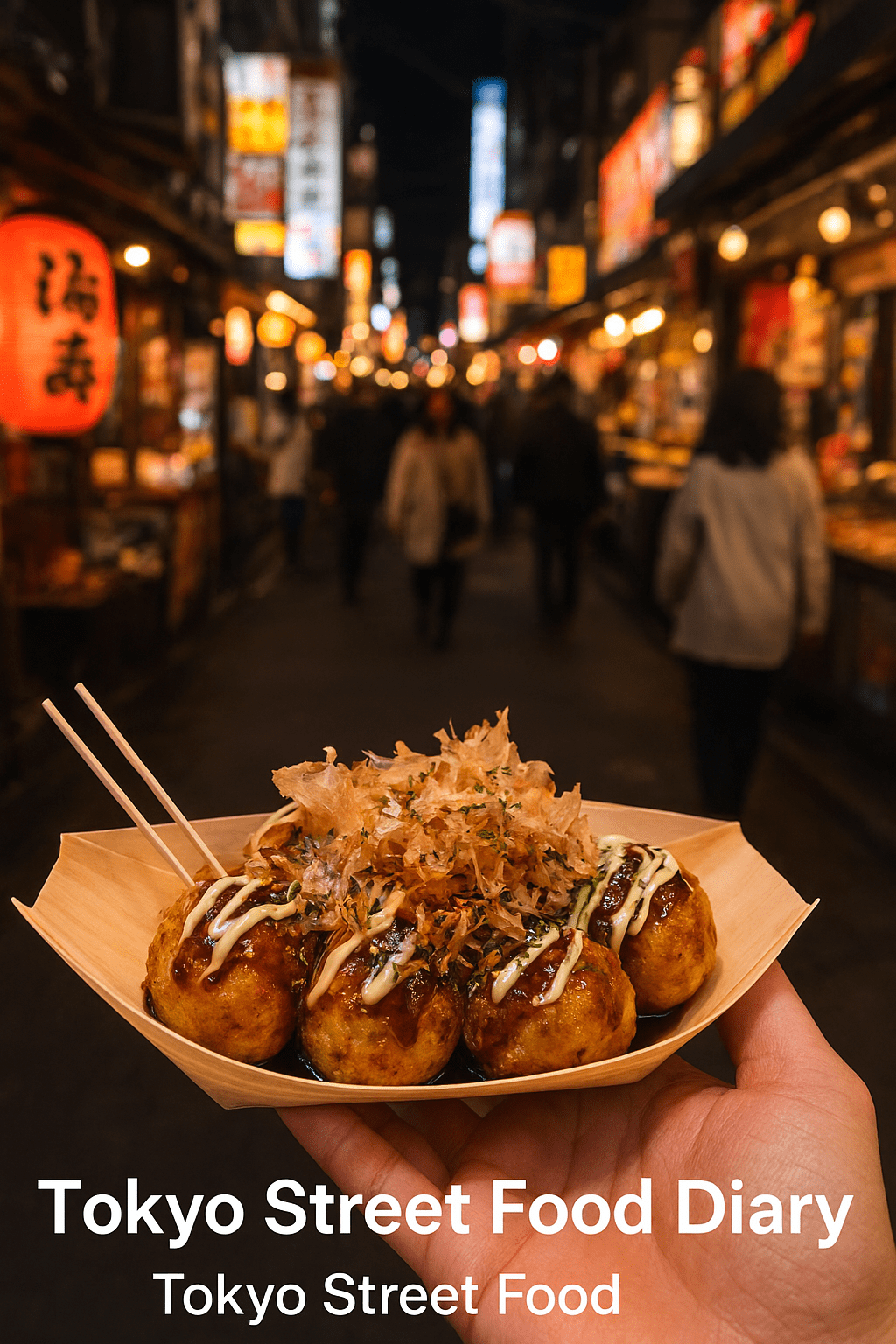 Tokyo street food scene with takoyaki, skewers, and neon-lit stalls”