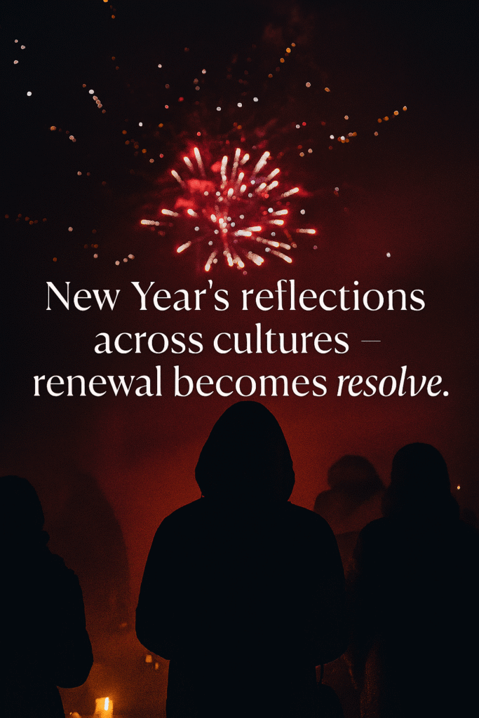 New Year’s reflections across cultures — lanterns, temple bells, and midnight rituals marking renewal.