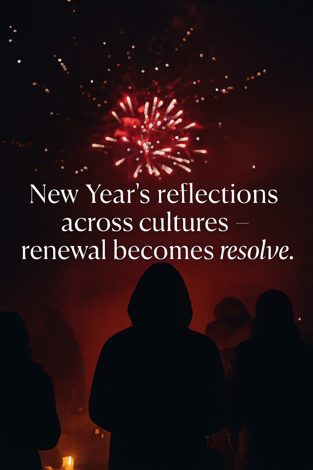 New Year’s reflections across cultures — lanterns, temple bells, and midnight rituals marking renewal.