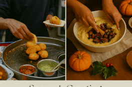 Season’s Greetings collage featuring festive food rituals — street-style potato fritters and holiday cake mixing — evoking warmth, tradition, and culinary joy.