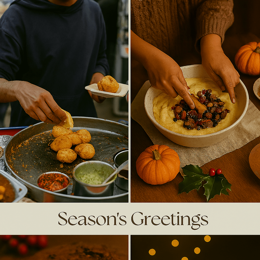 Season’s Greetings collage featuring festive food rituals — street-style potato fritters and holiday cake mixing — evoking warmth, tradition, and culinary joy.
