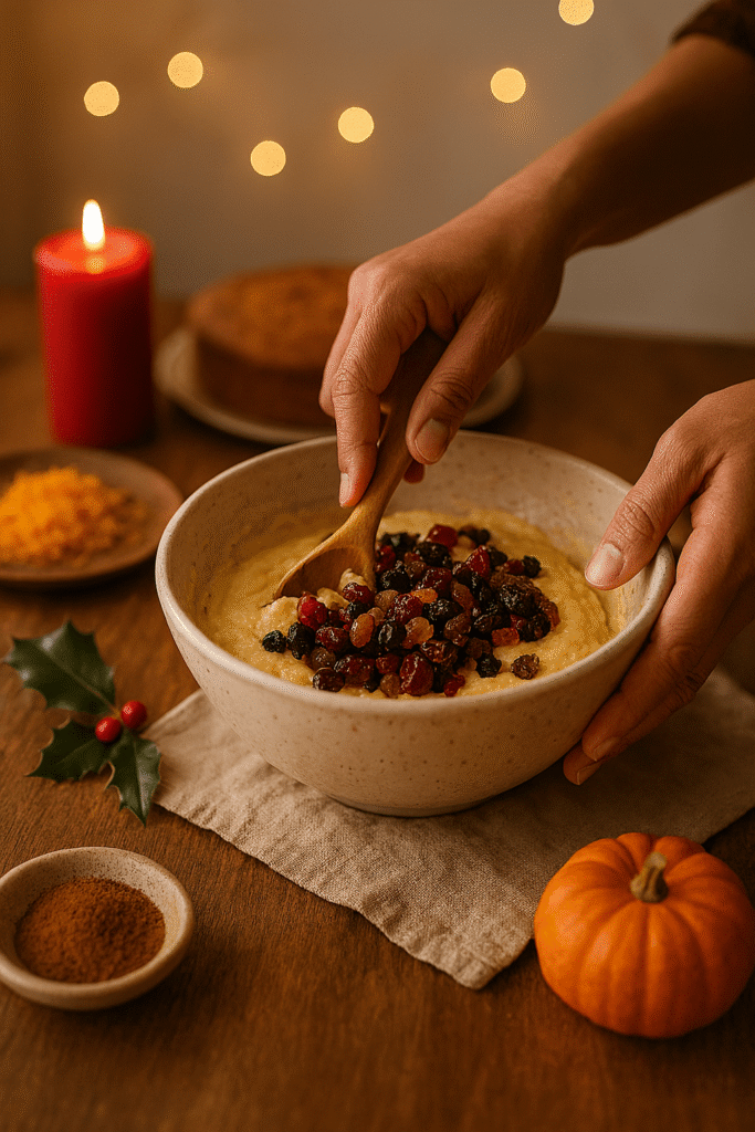 Cake mixing ceremony in Mumbai kitchen with dried fruit and spices