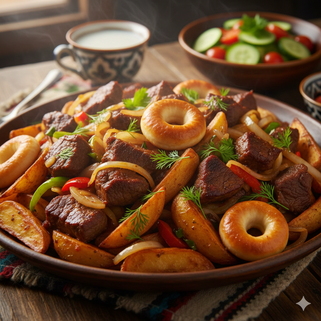 Silk Route Spring Food – Kazakh Jiz Biz stir‑fry with meat, potatoes, onions, and peppers