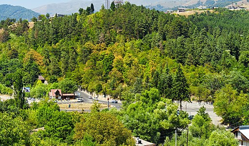 Dilijan Armenia with green hills, forest, and traditional houses