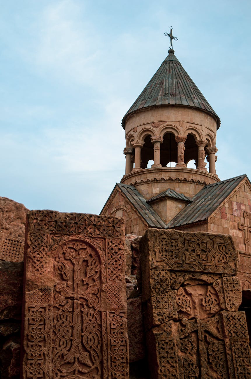 monastery under blue sky. monastery Armenia writers retreat stone alcove