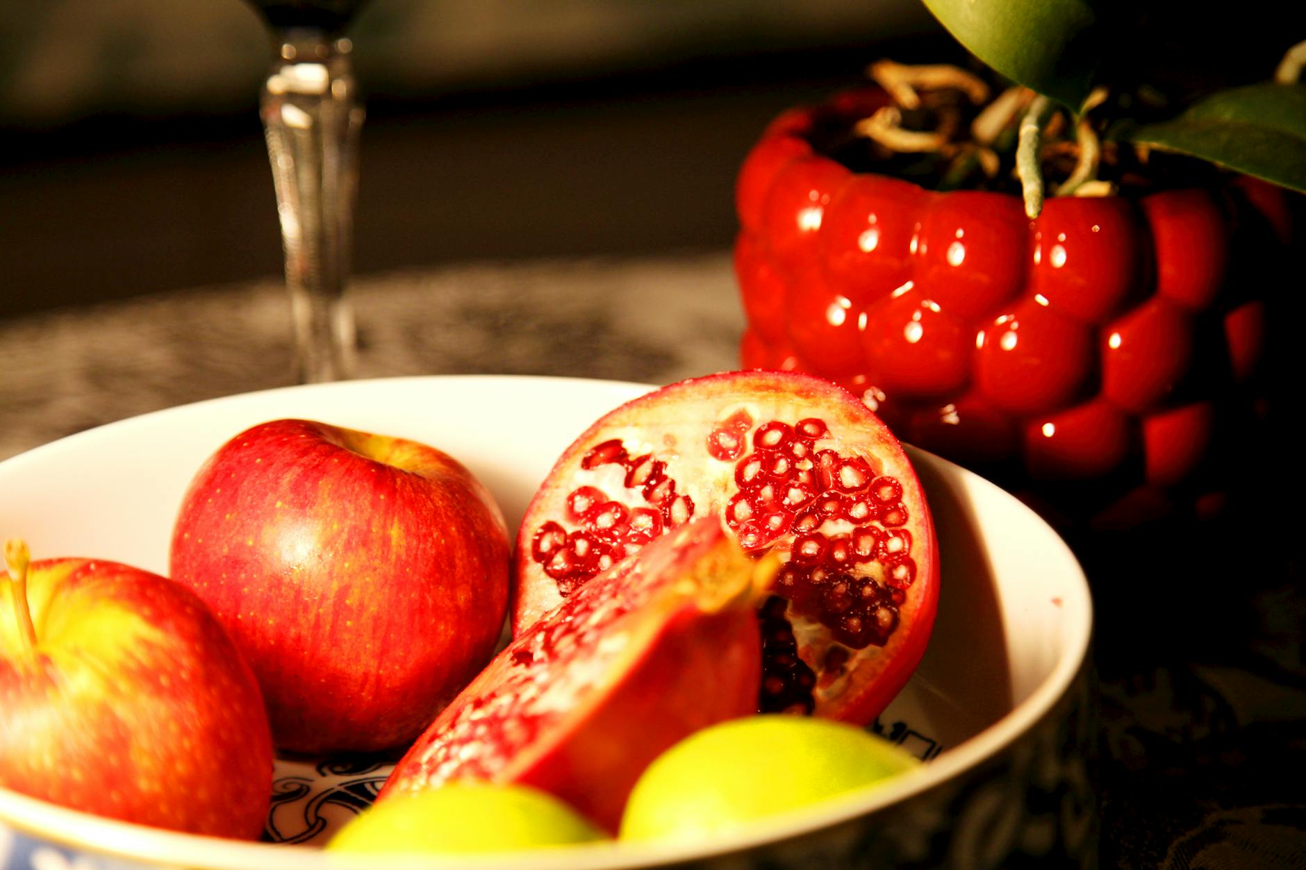vibrant fruit bowl with apples and pomegranate in Caucasus fruit geography