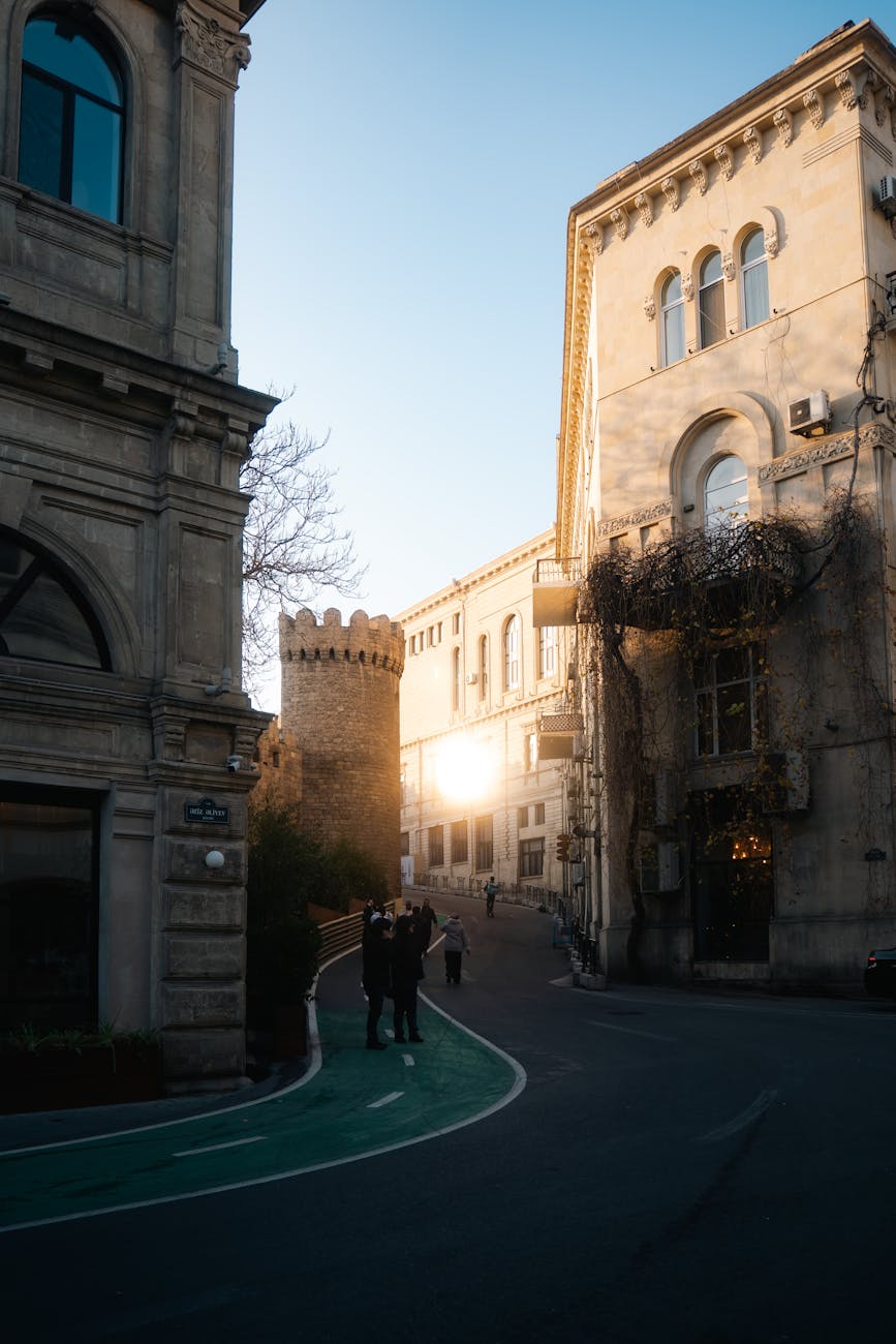 historic baku street with ancient architecture. Baku Old City stone walls at sunset