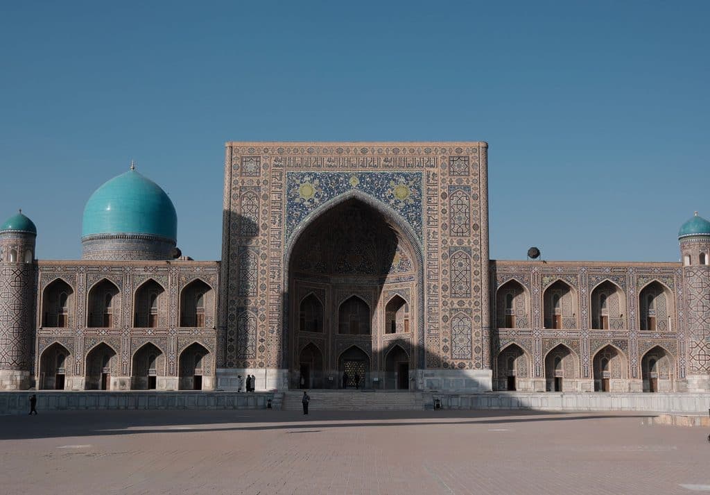Capture of the historic Registan Mosque in Samarkand, Uzbekistan under a clear blue sky