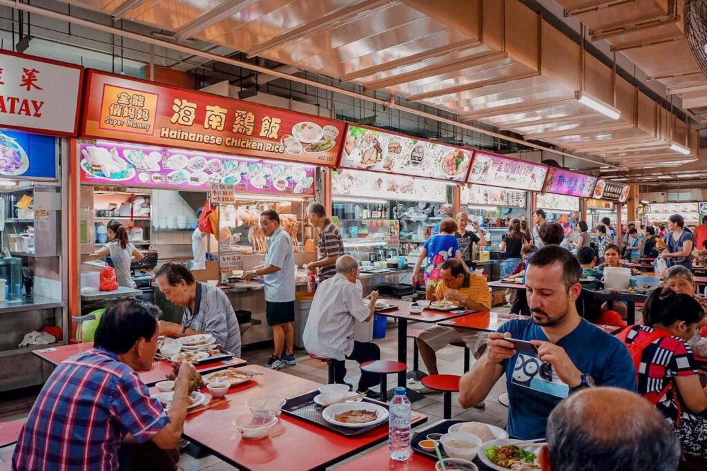 vibrant hawker center scene with busy diners