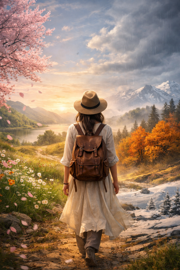 A time traveler standing amid changing seasons — spring blossoms, summer light, autumn hues, and monsoon rain — symbolising movement through time and reflection.