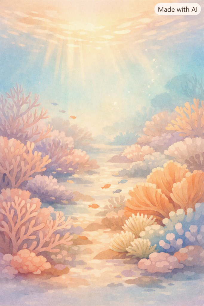 Soft‑illustrative underwater coral garden bathed in dawn light, with pastel corals, gentle sea fans, and small fish drifting through golden‑blue water.