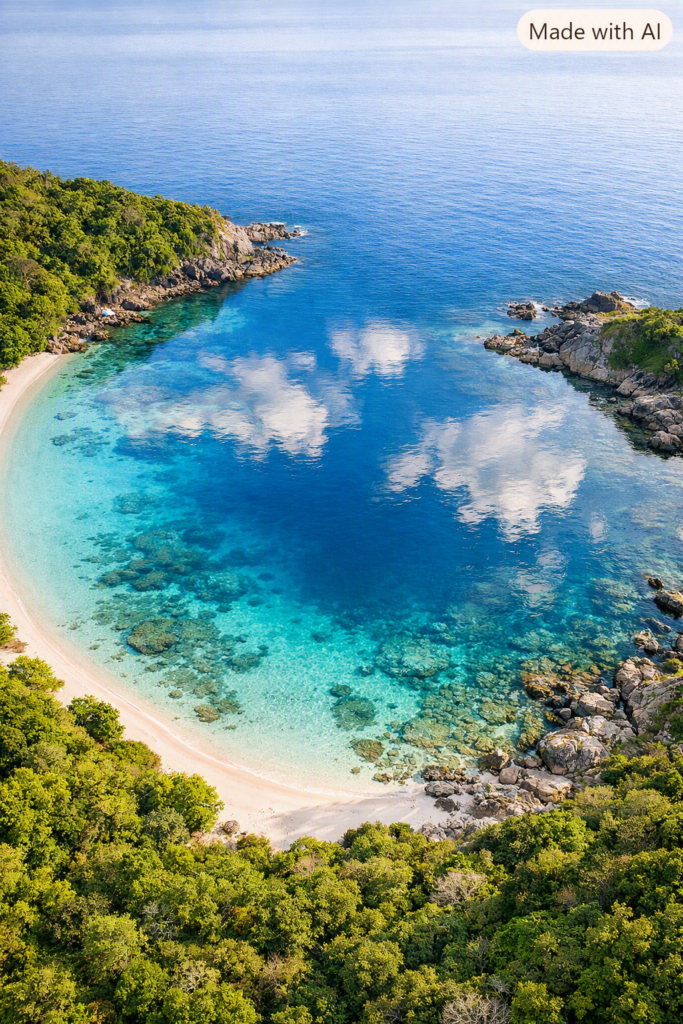 Aerial view of a crescent‑shaped tropical cove with glass‑clear turquoise water reflecting the sky, surrounded by lush green cliffs and a white sand beach.