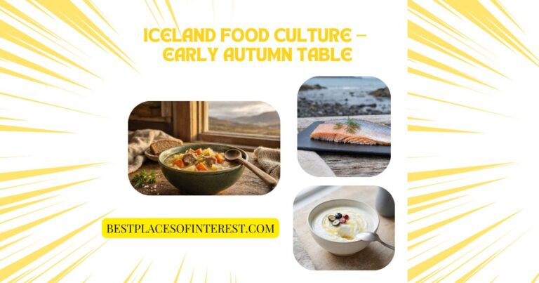 A horizontal collage of Icelandic early‑autumn dishes, including lamb and vegetable stew, a skyr bowl with berries, and dill‑topped Arctic char, with soft grey background and title text.