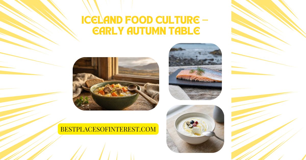 A horizontal collage of Icelandic early‑autumn dishes, including lamb and vegetable stew, a skyr bowl with berries, and dill‑topped Arctic char, with soft grey background and title text.