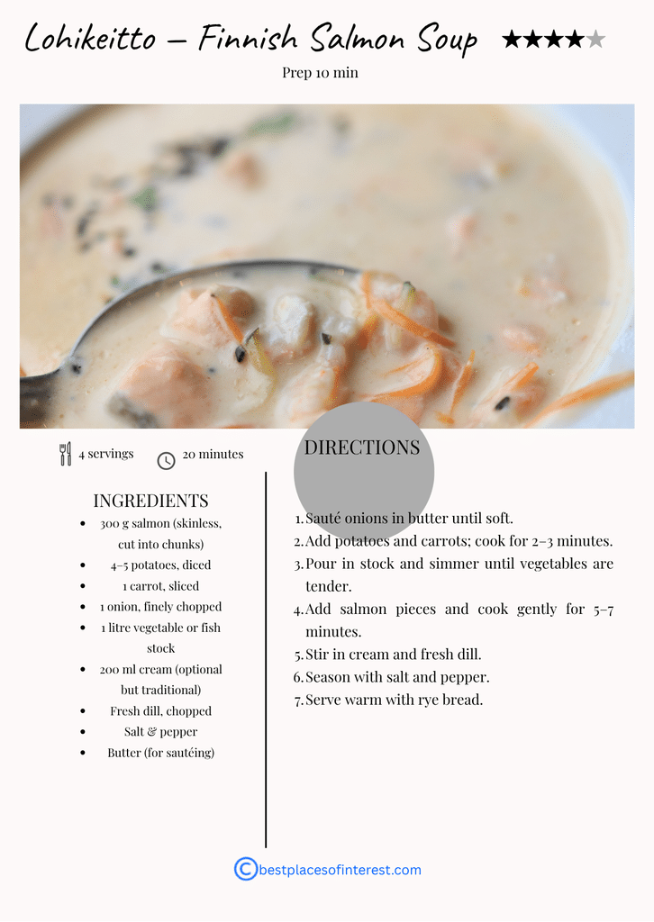 Recipe card showing Lohikeitto, a traditional Finnish salmon soup with salmon chunks, potatoes, carrots, dill, and a creamy broth, along with ingredients and step‑by‑step cooking instructions.