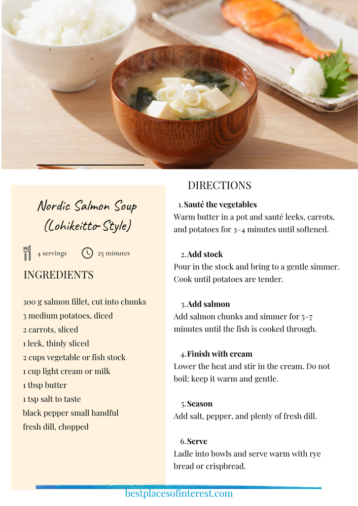 Recipe card for Nordic Salmon Soup (Lohikeitto‑Style) showing ingredients and step‑by‑step directions in a minimalist Nordic layout.