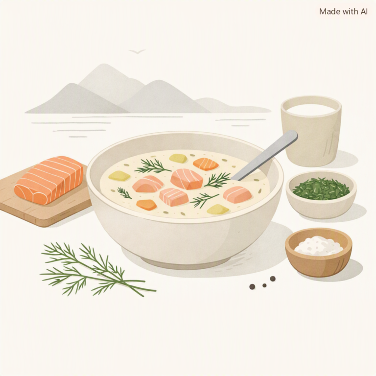 Illustration of Lohikeitto, a Finnish salmon soup in creamy broth with salmon chunks, potatoes, carrots, and dill, styled in Nordic minimal design.