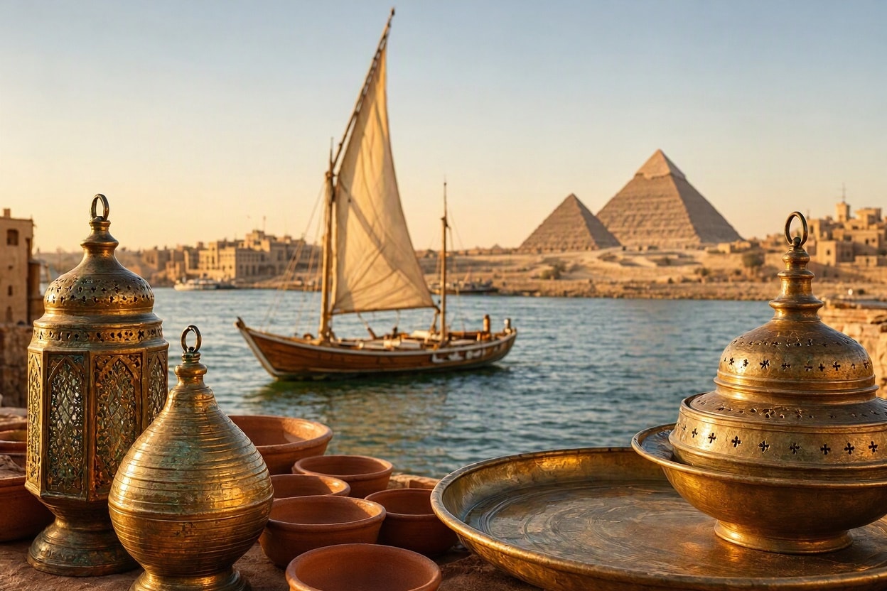 Traditional felucca sailing on the Nile River with the Pyramids of Giza and Cairo skyline at golden hour, Egypt.