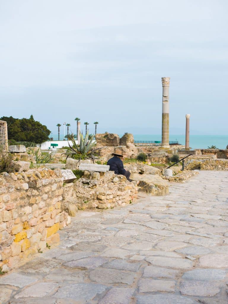 Carthage archaeological ruins beside the Mediterranean coast in Tunisia