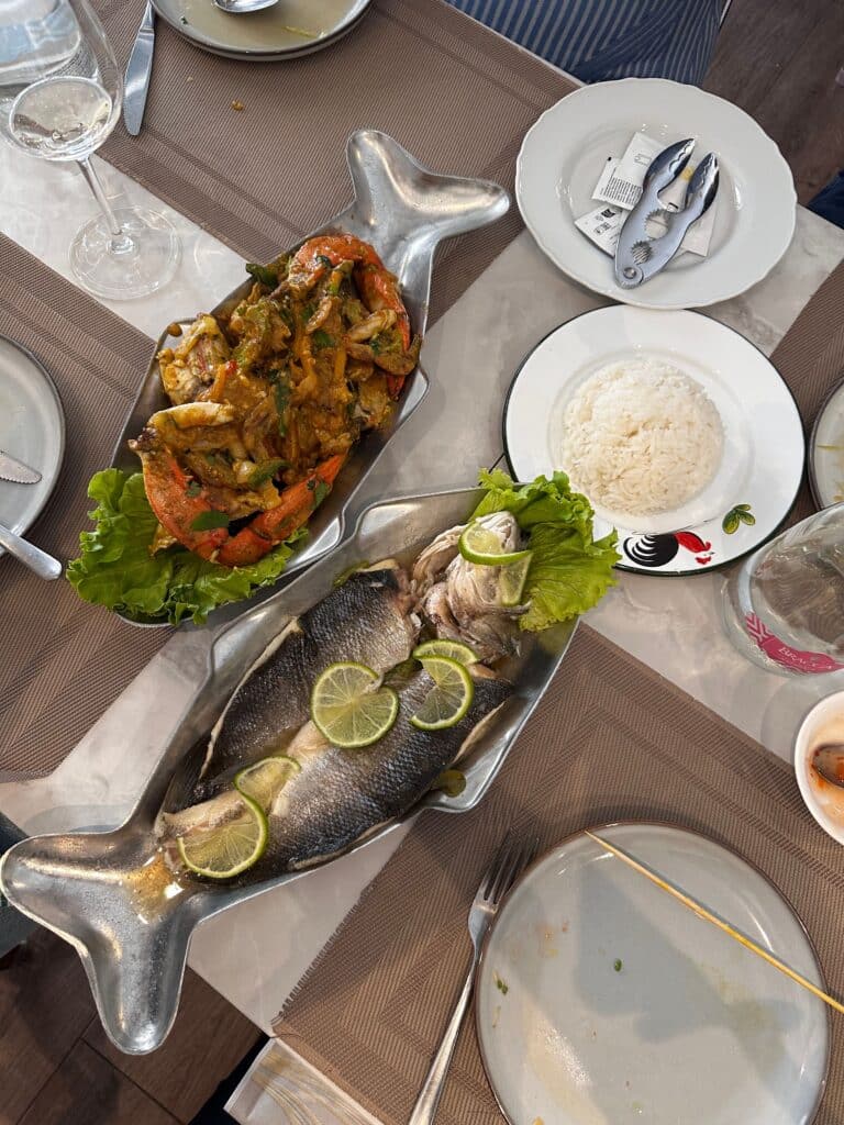 Tunisian seafood feast with grilled fish, olive oil, and coastal side dishes