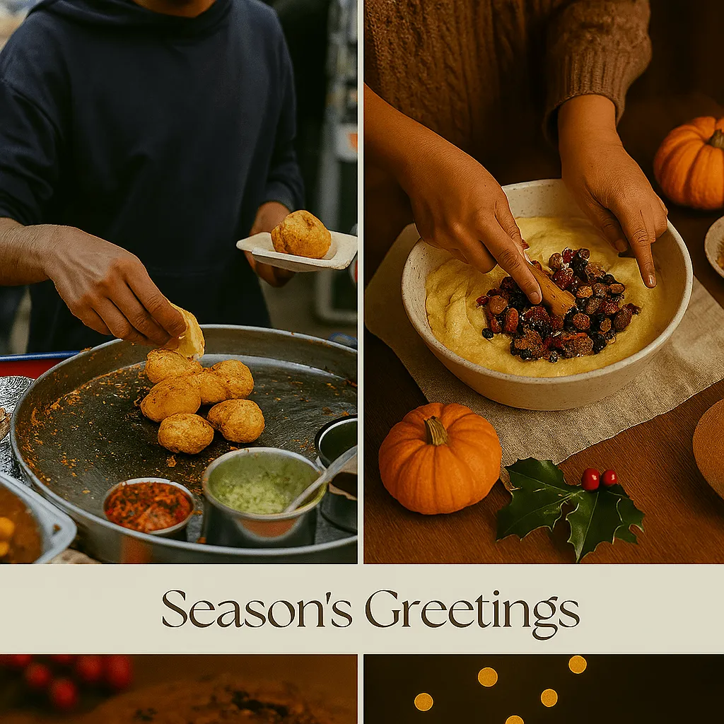 Season’s Greetings collage featuring festive food rituals — street-style potato fritters and holiday cake mixing — evoking warmth, tradition, and culinary joy.