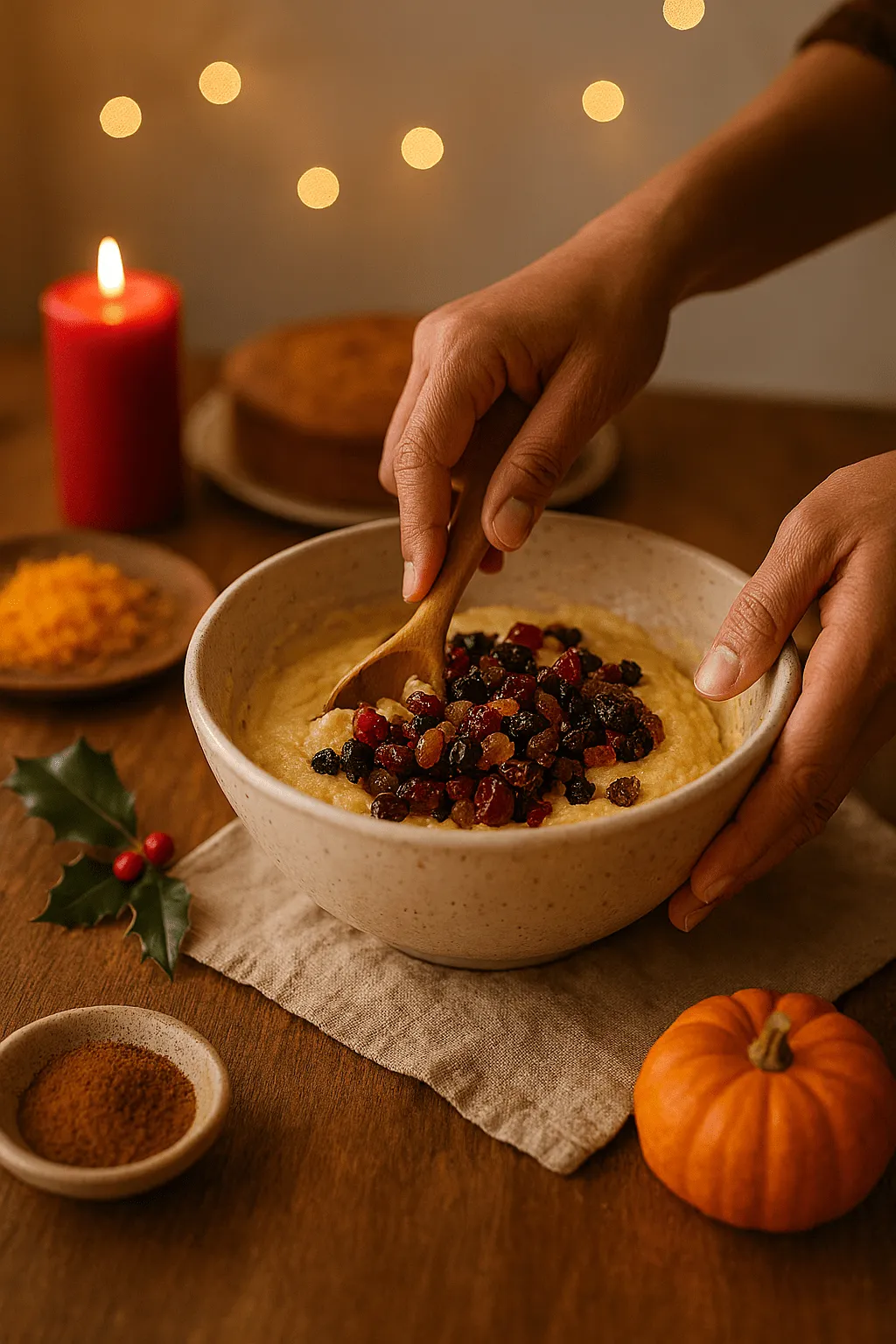 Cake mixing ceremony in Mumbai kitchen with dried fruit and spices